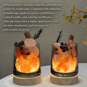 Himalayan salt stone diffuser lamp with LED wood base and decorative cinnamon sticks