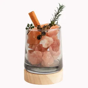Natural pink salt crystal stone diffuser lamp with wooden base and botanical decor