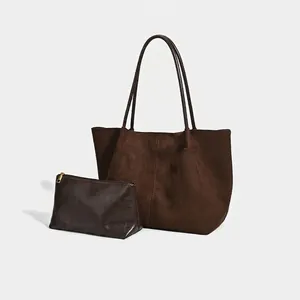 Women Large Capacity Vintage Suede Tote Bag With Pouch Set Casual Commuting Shoulder Bag Leopard Print Solid Color Handbag