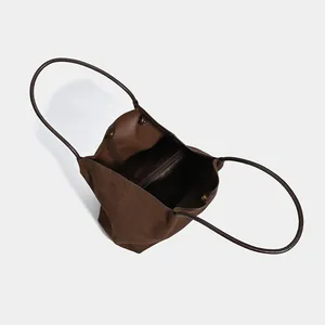 Large capacity vintage brown suede tote bag with circular top handles for women.