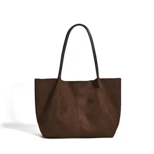 Classic large capacity brown suede tote bag with slim shoulder straps for casual use