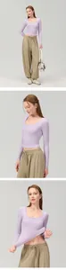 Slim fit breathable lavender yoga long sleeve top with khaki wide leg gym pants