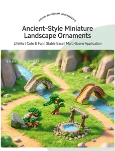 Vista macro dettagliata del kit paesaggistico in miniatura con ponti in pietra, pozzo e pini