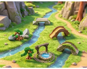 Dettaglio di un set paesaggistico in miniatura in resina con ponte, pozzo e pini