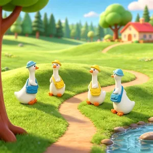 Vue détaillée de jolies figurines de canetons miniatures avec sacs en paysage 3D