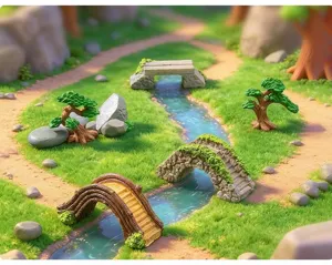 Scena di giardino in miniatura con ponti in resina di pietra e legno e piccoli pini.