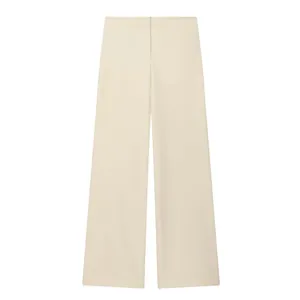 Full front view of elegant cream straight-leg trousers with a seamless waistband detail.