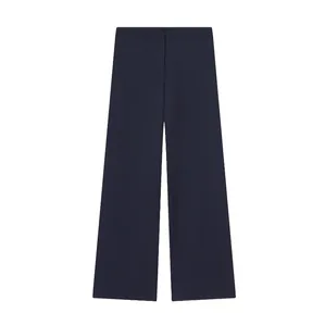 Detailed view of navy blue straight-leg trousers for autumn, professional business attire