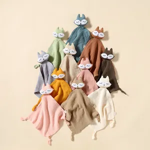 Soft cotton muslin baby comforter towel with a cute plush fox head soother toy for infants