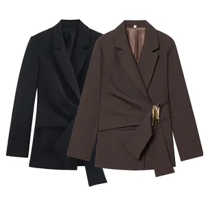 Detailed macro view of autumn buckle decorated blazers in elegant black and brown