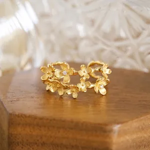 Vintage 925 Sterlingsilber Handgefertigt Gebürstet Blume Ring Damen 10K Vergoldet Botanisch Zirkonia Verstellbar Ring