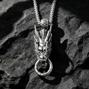 Collar con Colgante de Cabeza de Dragón Chino de Acero Inoxidable Vintage Hombre Retro Punk Zodiaco Joyería de Dragón