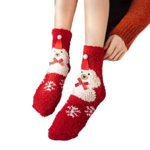 Festive red coral fleece Christmas socks with cute bear and snowflake patterns