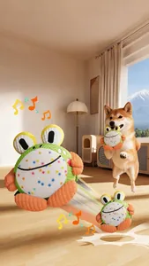Interactive electric bouncing frog dog toy showing movement and pet play interaction