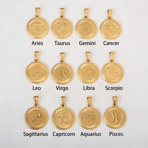 Colección de 12 colgantes del zodiaco en acero inoxidable dorado con nombres en inglés