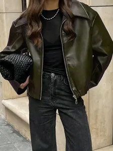 Oversize Kunstleder-Bikerjacke in Dunkelgrün für Damen Streetstyle-Look