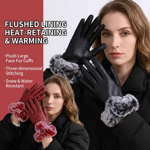 Women's Winter PU Leather Gloves Warm Fleece Lined Quilted Gloves With Faux Fur Trim Touchscreen Cold Weather Mittens