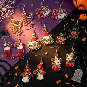 Festive Double Sided Acrylic Drop Earrings Cartoon Santa Witch Skull Pattern Christmas Halloween Party Jewelry For Women