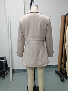 Back view of a slim-fit light beige wool-like coat for women with waist detail