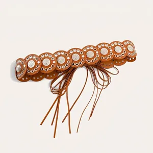Bohemian leather disc belt with silver studs and long fringe tassels