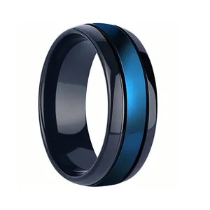 Men Tungsten Steel Ring Black And Blue Dual Color Polished Band Fashion Jewelry For Anniversary Party