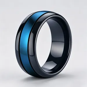 Close-up of black and blue tungsten steel ring with a polished finish and vibrant blue band.