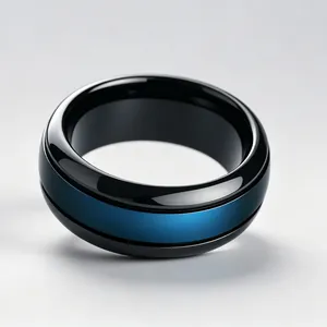 Close-up detail of a men's tungsten steel ring in black and blue dual-tone finish.