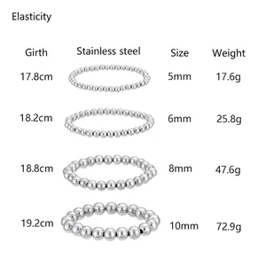 Tabella taglie dettagliata per bracciali elastici in perline di acciaio inossidabile.