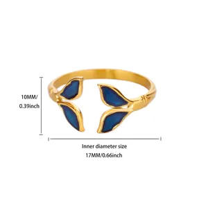 Detail view showing 17mm inner diameter and blue enamel leaf design on gold ring