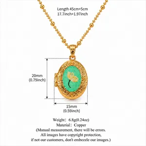 Vintage locket necklace featuring a green dried flower pendant with an elegant gold copper frame