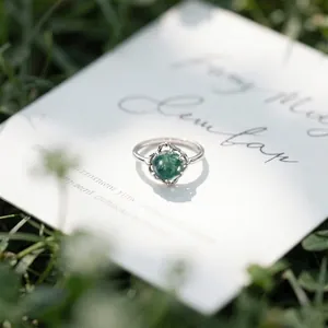 Bague Ouverte Ajustable en Argent Sterling S925 pour Femme avec Agate Mousse Pierre Naturelle Verte Ronde Bijoux Botaniques