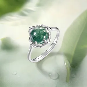 Bague élégante en argent sterling S925 avec pierre d'agate mousse verte naturelle