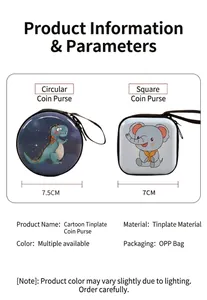Detailed specifications of round and square cartoon tinplate coin purses with sizes