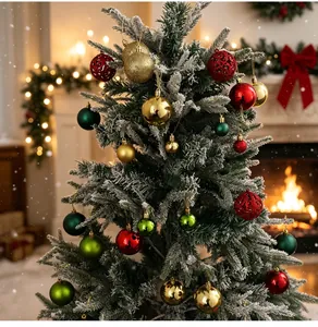 Detailed close-up view of assorted red and gold Christmas ball ornaments on a tree