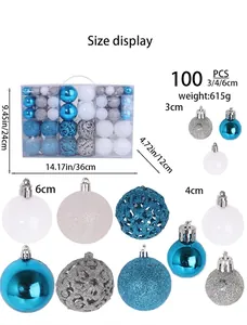 Detailed dimension view for the 100-piece Christmas ball set with various ball sizes.