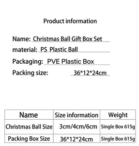 Detailed parameters and size specifications for 100pcs Christmas ball gift set ornaments.