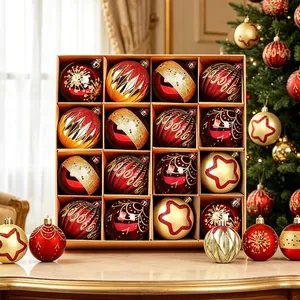 Close-up of festive red and gold Christmas baubles in a luxury gift box packaging