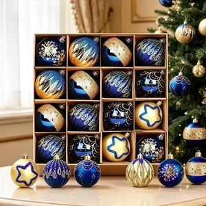 Close-up of premium blue and gold Christmas ornaments with festive starry patterns