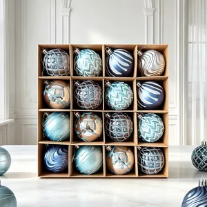 Set of 16 elegant blue and silver Christmas ornaments in a grid gift box