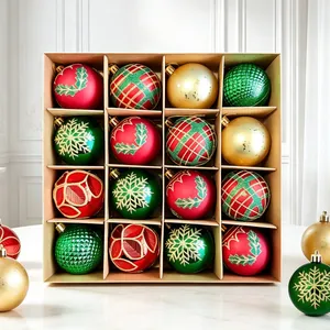 Detail view of colorful patterned Christmas ornament balls in a grid storage box.