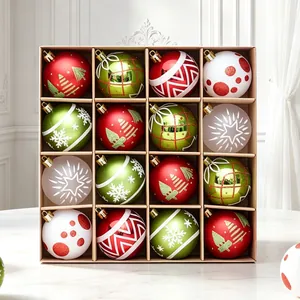 Detailed view showing a set of 16 colorful patterned Christmas baubles in a grid box.