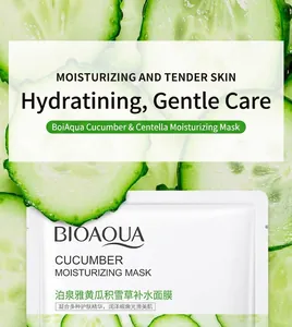 Close-up view of refreshing cucumber slices background and hydrating facial mask packaging