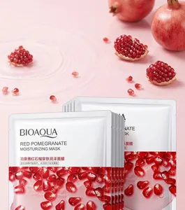 Detailed view of Bioaqua red pomegranate moisturizing sheet masks with water splash background
