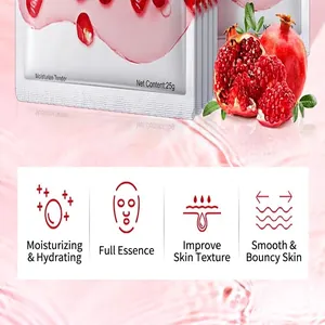 Close-up of pomegranate facial mask sheet highlighting moisturizing and skin-smoothing benefits