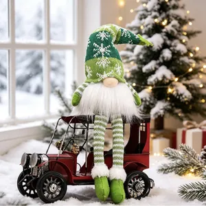 Handmade LED lighted Christmas gnome plush doll sitting on vintage red car holiday decoration