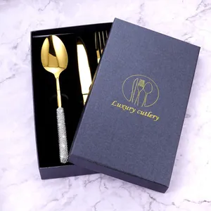 Luxury gold 304 stainless steel cutlery set with crystal handles in black gift box