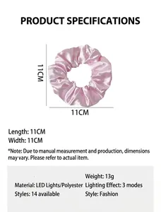 Detailed view of pink satin LED scrunchie showing 11cm size and 13g weight parameters