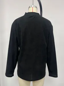Detailed back view of men's black corduroy long sleeve stand collar casual polo shirt