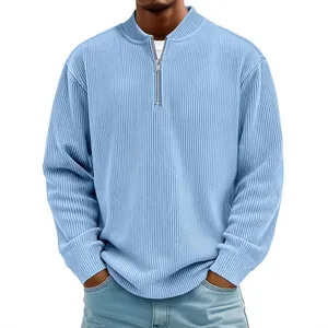 Men Autumn Casual Corduroy Long Sleeve Polo Shirt Pullover Stand Collar 1/4 Zipper Ribbed Texture Fashion Solid Color Top