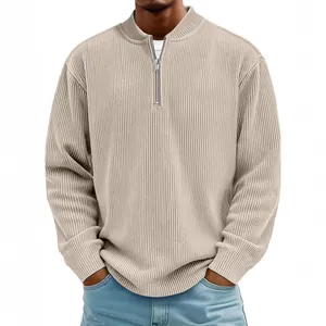 Men's stylish autumn ribbed knit quarter-zip long sleeve polo shirt in beige color